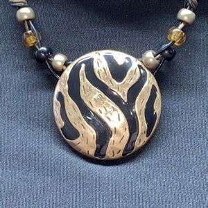 NWOT Tribal Inspired Pendant Necklace & Earrings Set Black & Gold-Tone